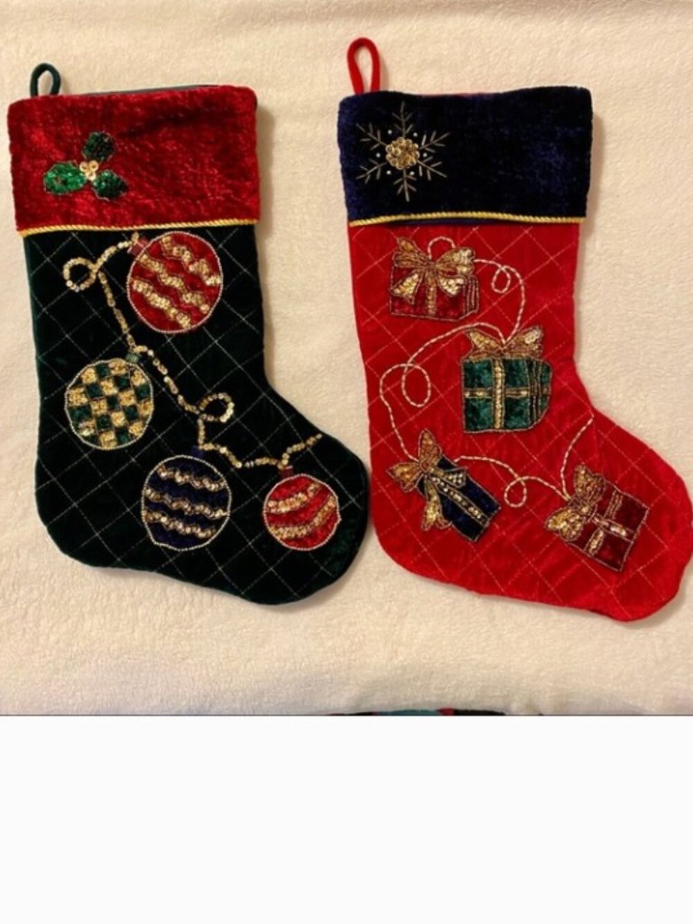 Set of 2 Stockings Velvet Stitched Beaded Embellished Red Green Blue Christmas